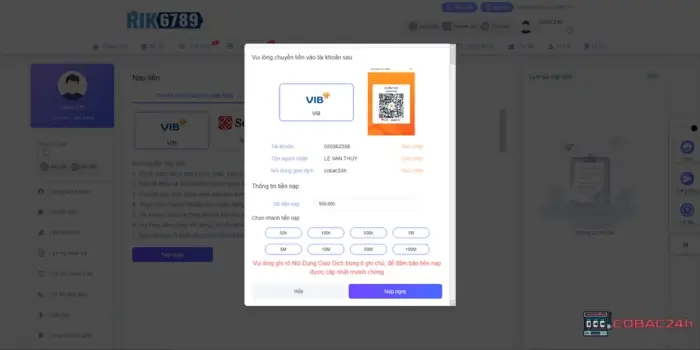 Hướng dẫn nạp tiền Rik6789 Com